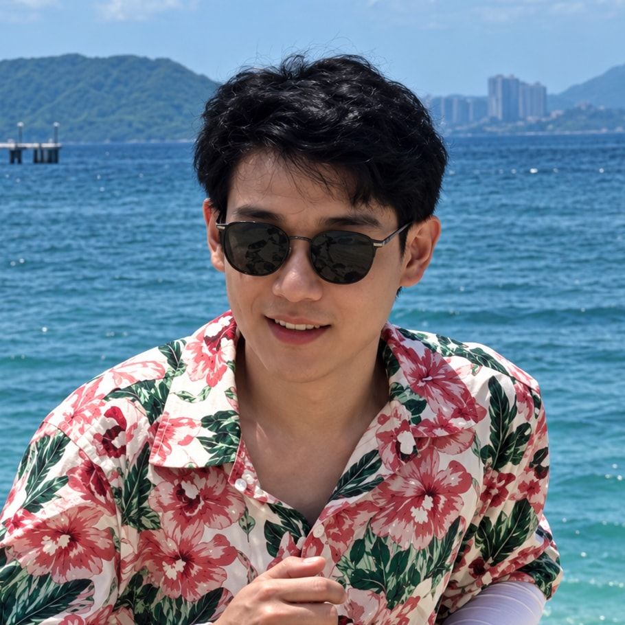 Tiesunlong Shen in sunglasses and a floral shirt by the sea